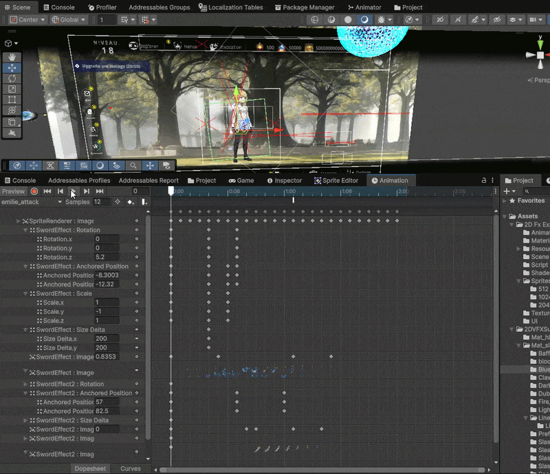 Emilie attack animation in Unity editor