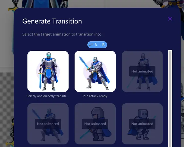 Generate Transition modal showing source and target sprite selection with direction toggle