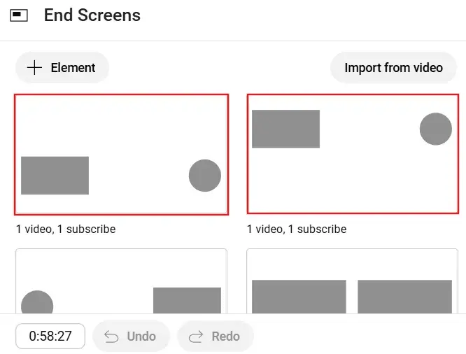 Screenshot of YouTube Studio interface showing templates of End screen