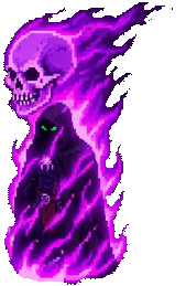 Animated purple-flame skull and hooded figure boss from Solo Grinding