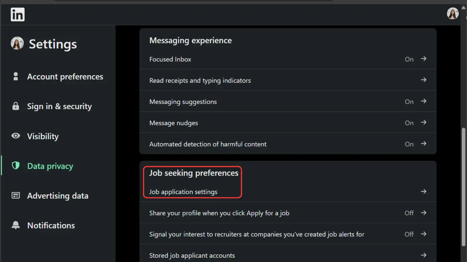 Job preferences> Job application settings
