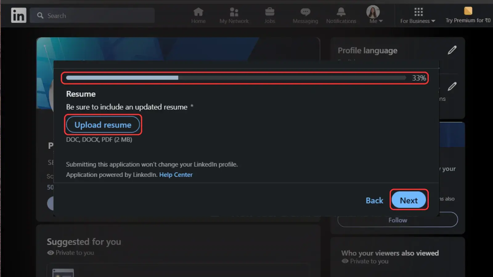 Upload resume and click next.