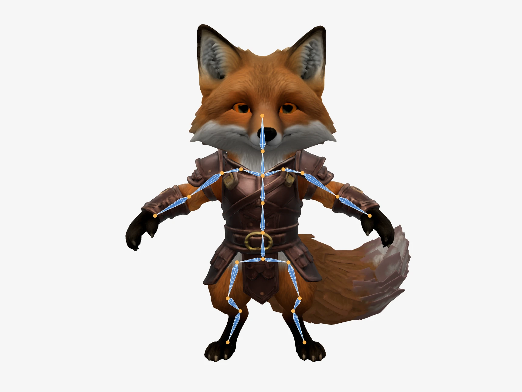 A rigged character with its skeleton overlay