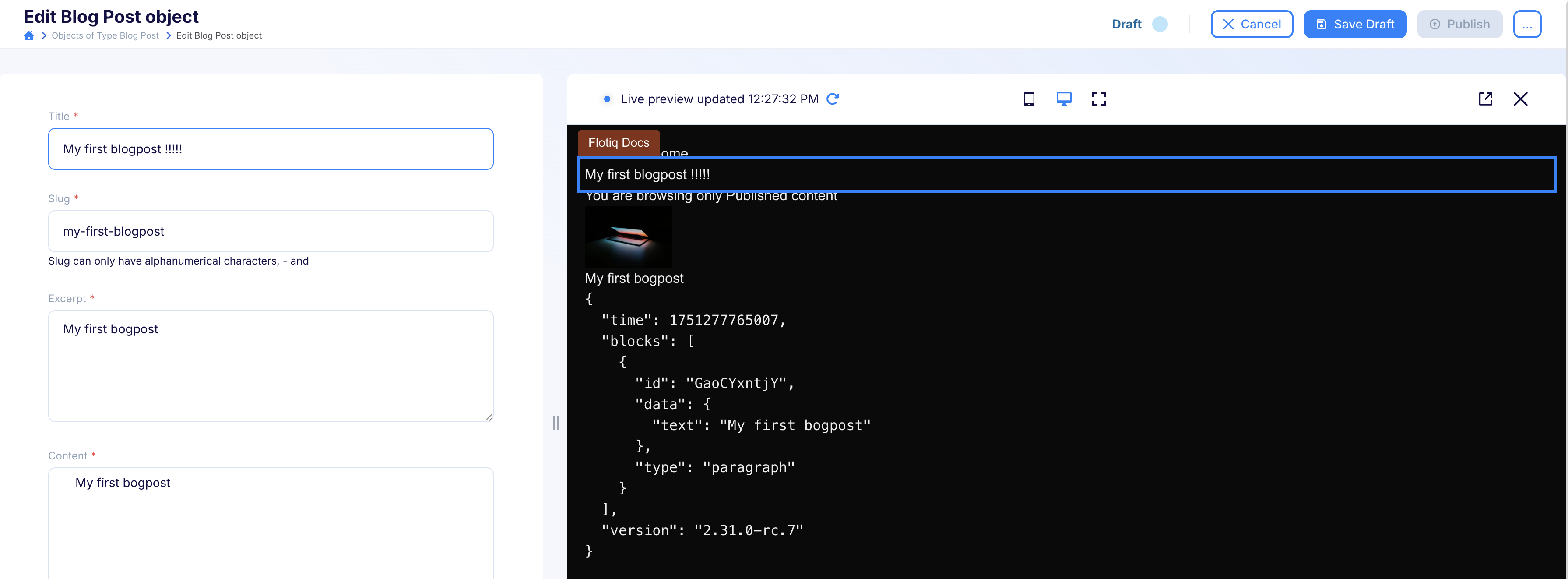 Live Preview inside the Flotiq editor